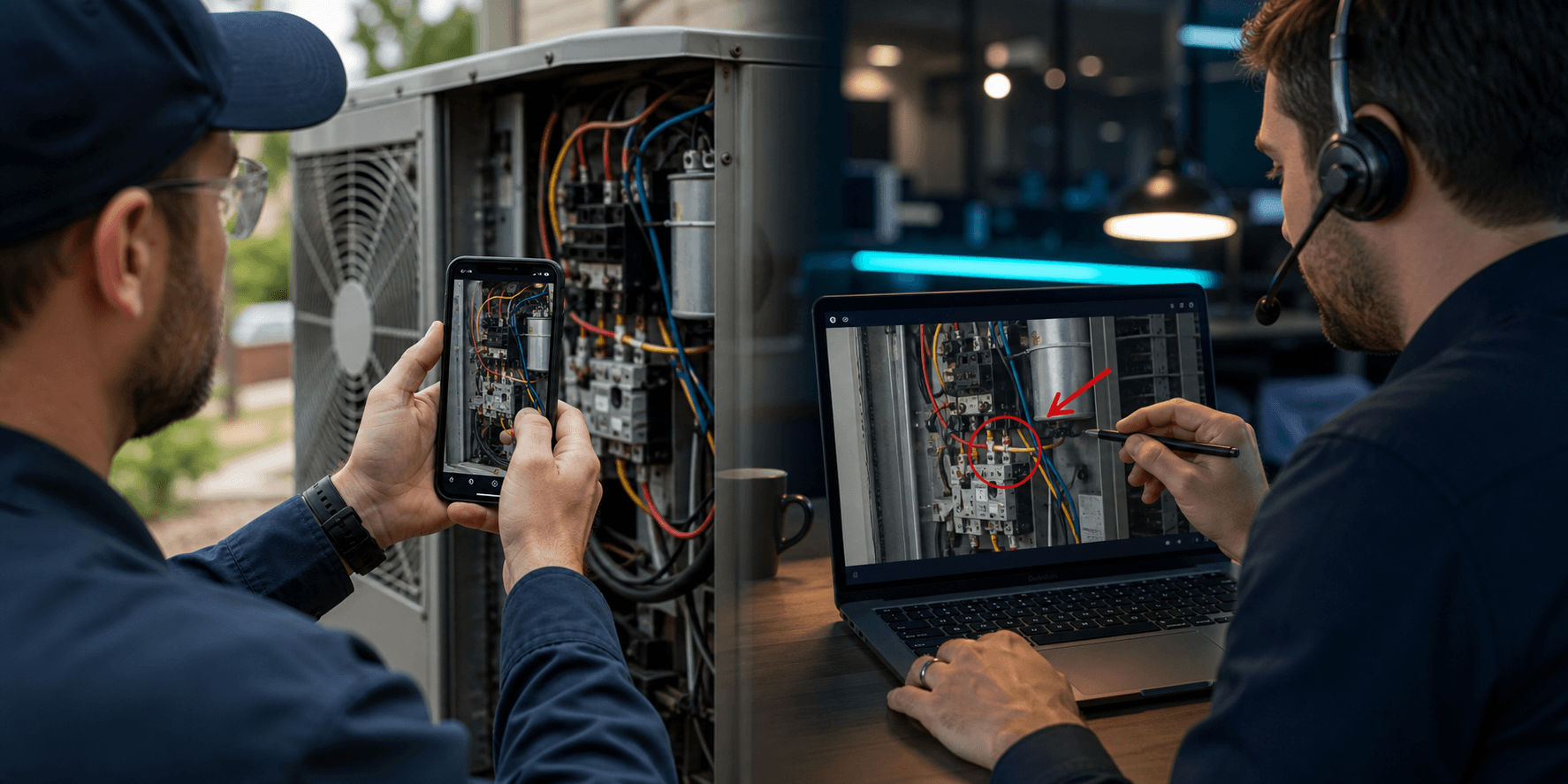 Technician using Virtually OnSite to guide a customer through live remote equipment troubleshooting