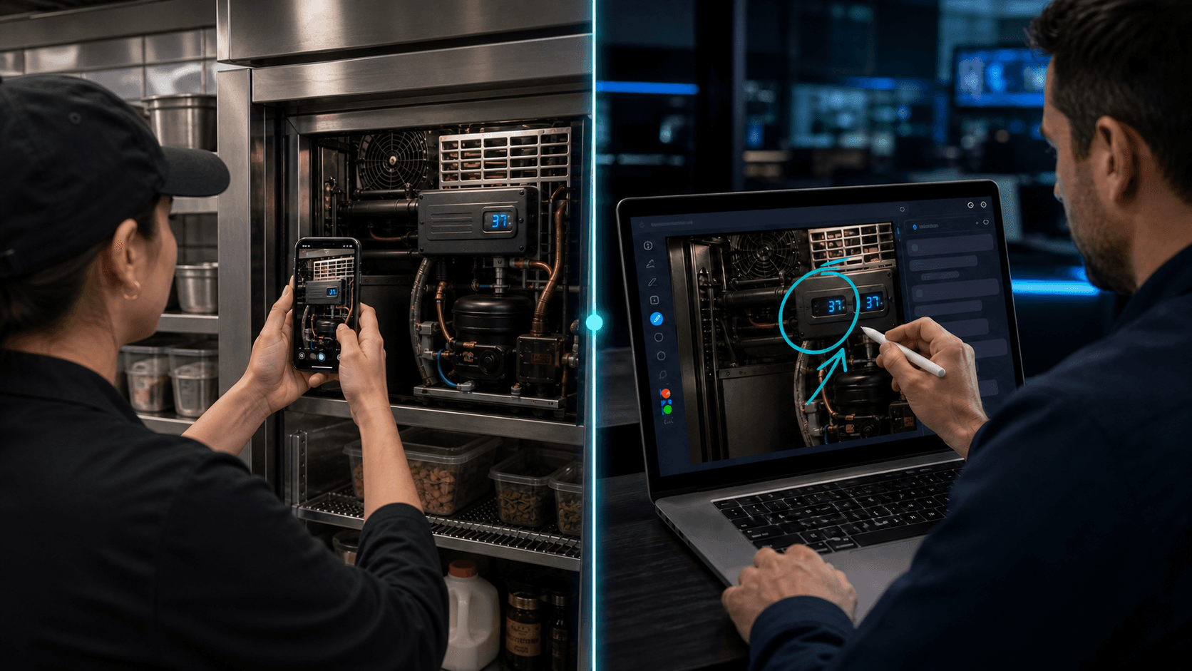 Refrigeration customer phone camera feeding a remote technician annotation console